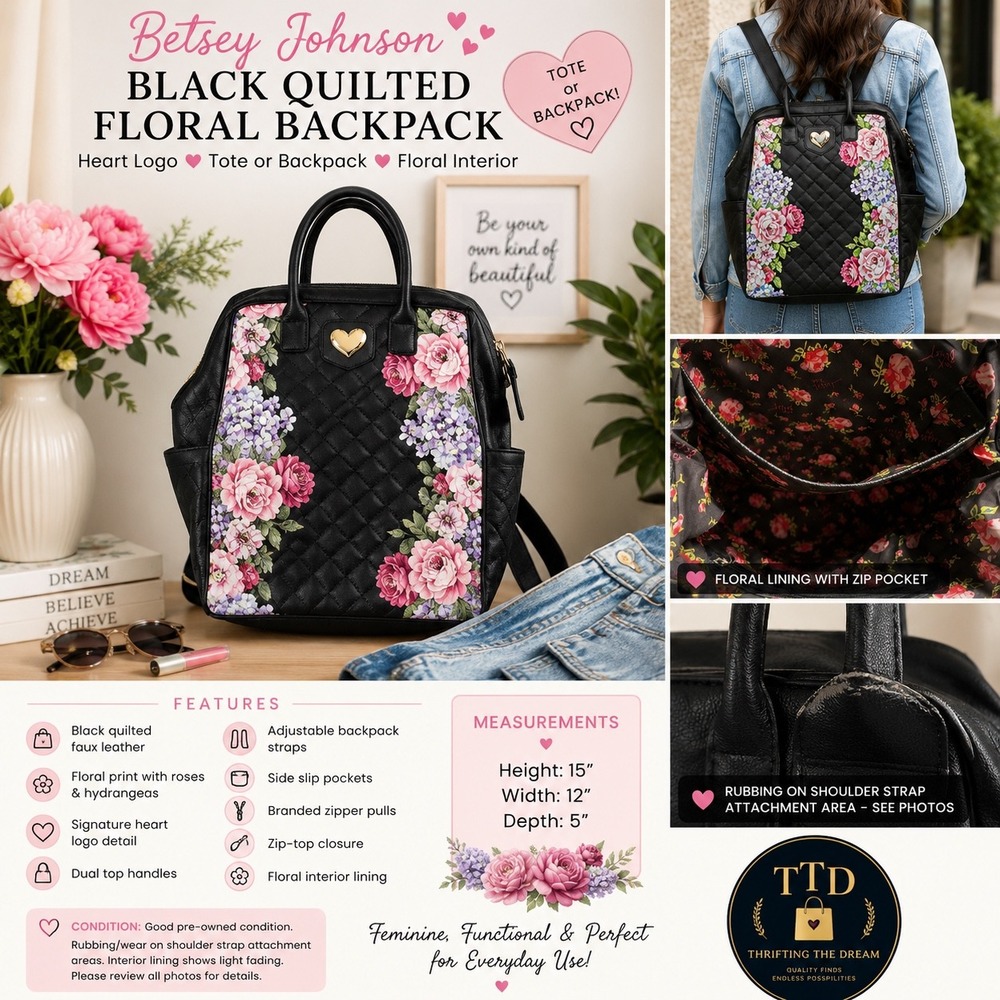 Betsey Johnson Quilted Floral Backpack Heart Logo Tote Convertible Travel Bag
